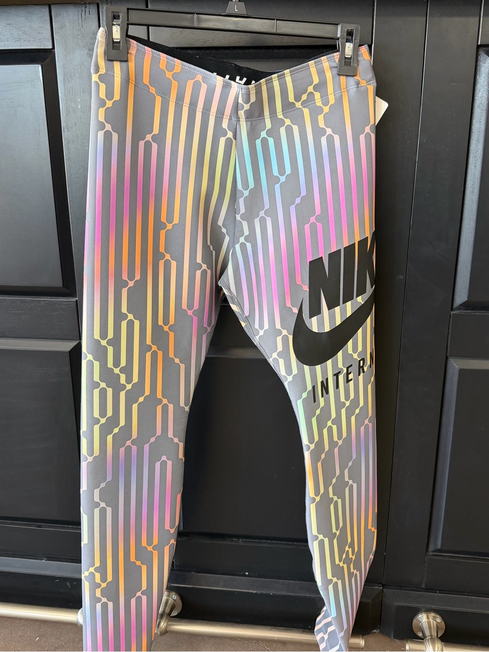 Nike Gray Leggings with Rainbow Geometric Stripe Print